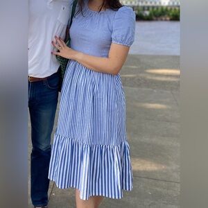 Jcrew blue striped dress, puff sleeves